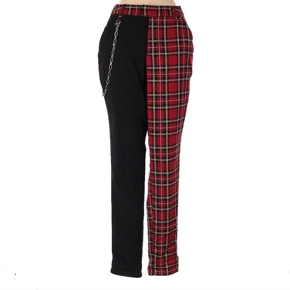 Hot Topic Denim black & Red Plaid Split leg chain stinger dark academia Jeans_XS